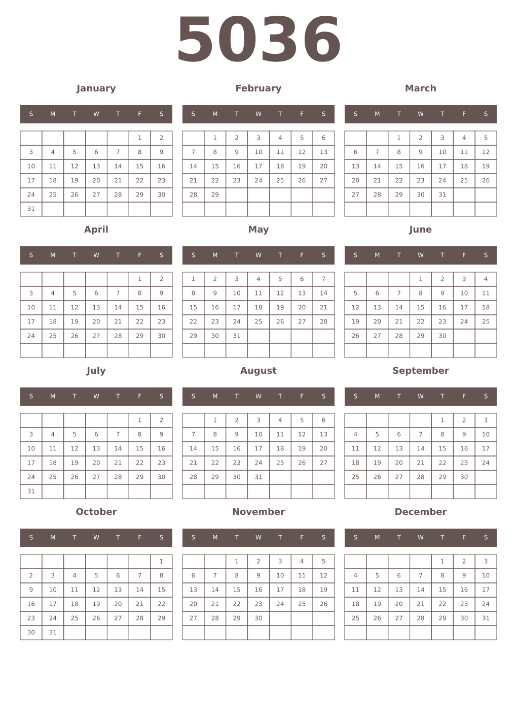 Printable 5036 Year Calendars wenge