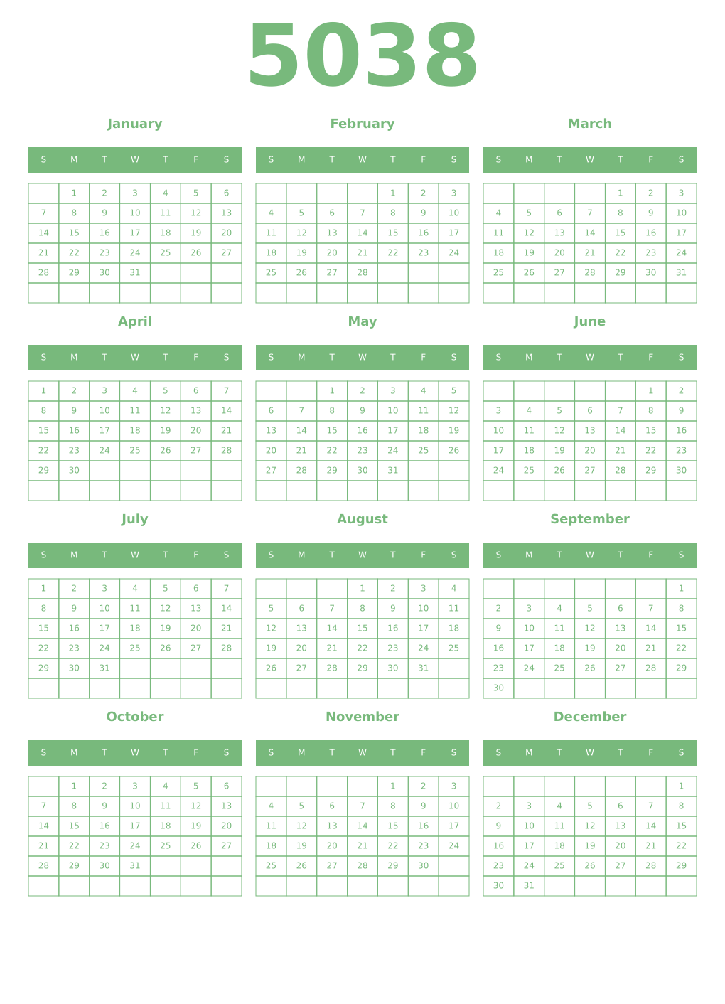 Printable 5038 Year Calendars celadon