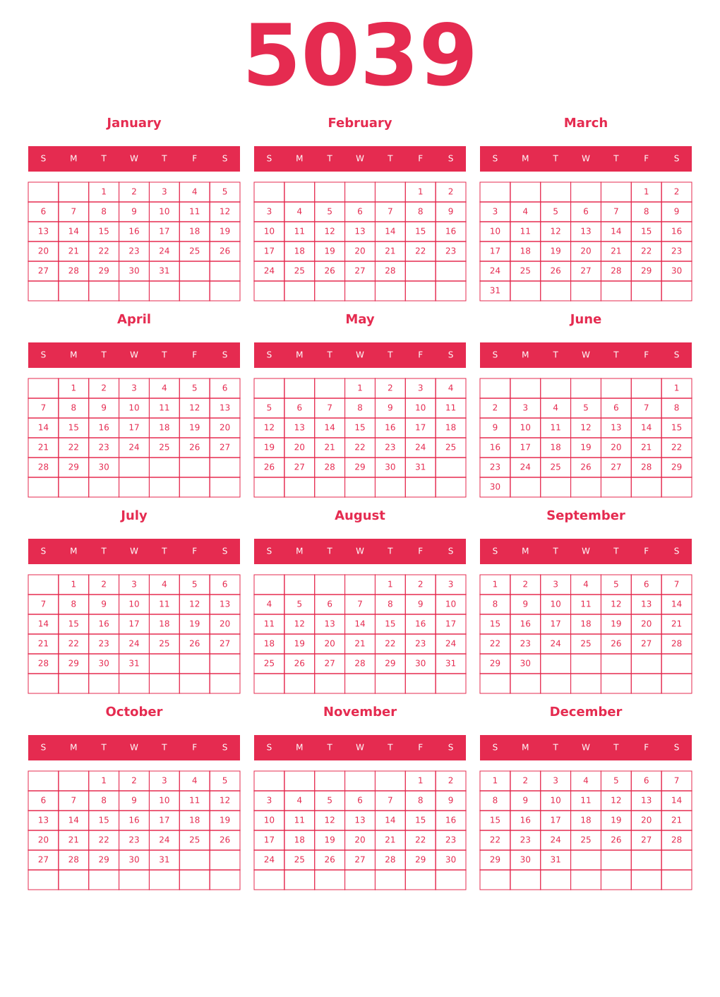Printable 5039 Year Calendars amaranth