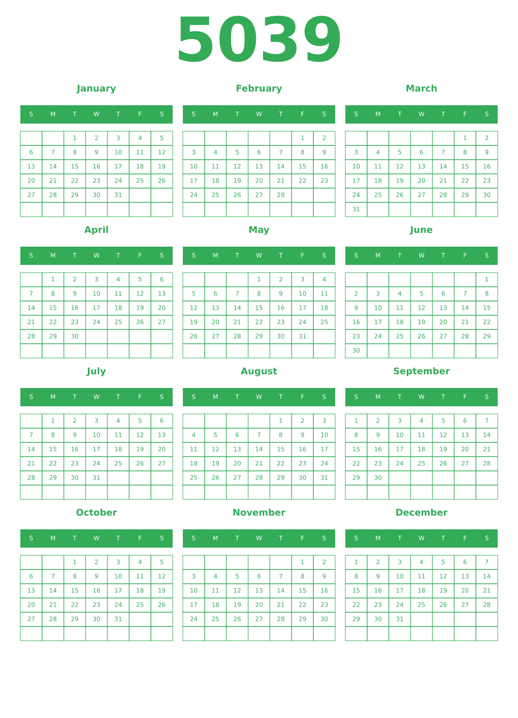 Printable 5039 Year Calendars green