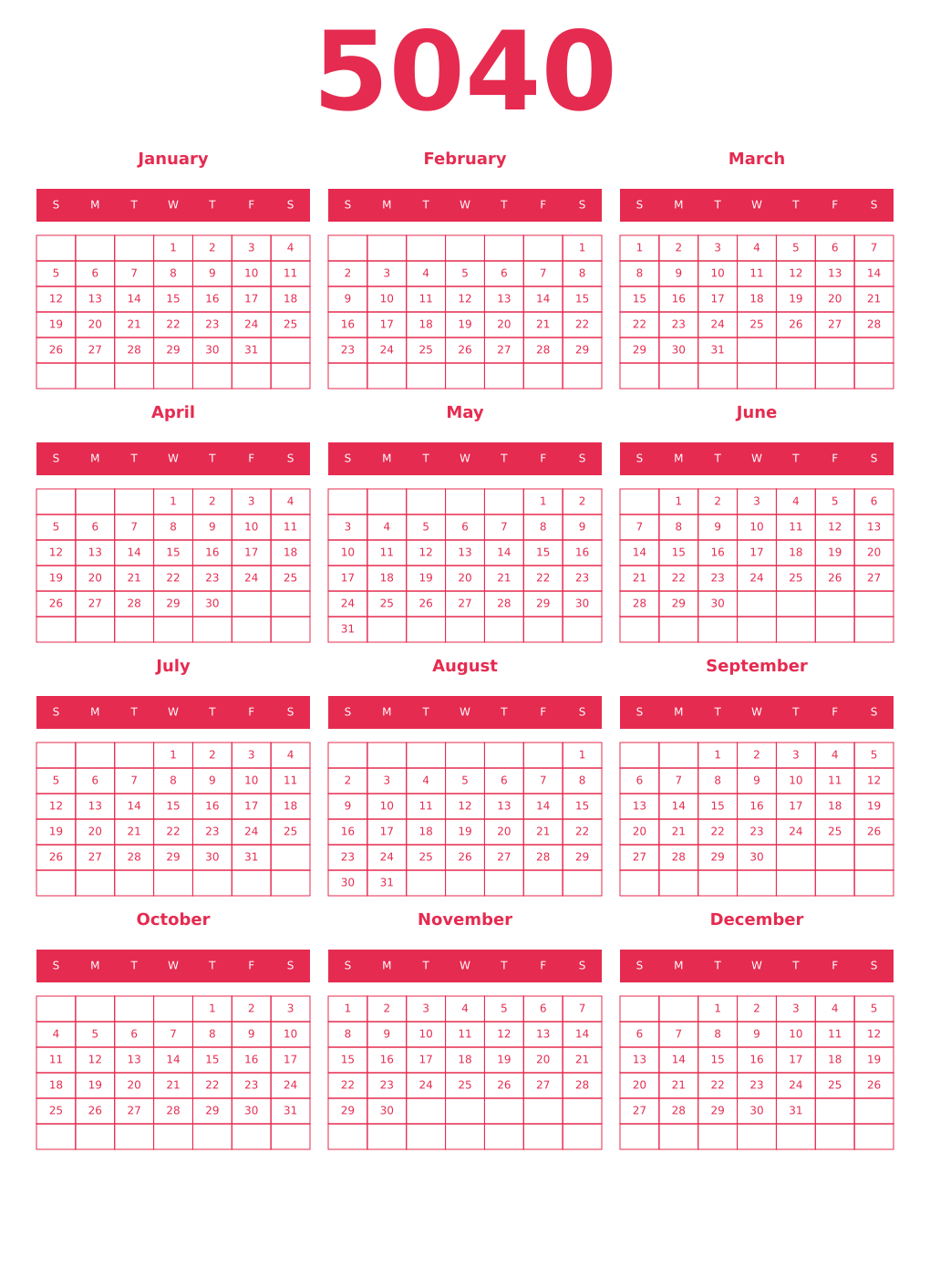 Printable 5040 Year Calendars amaranth