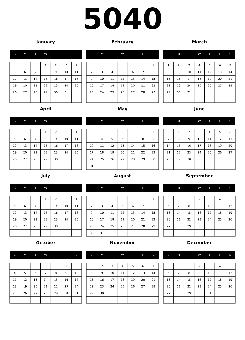 Printable 5040 Year Calendars black