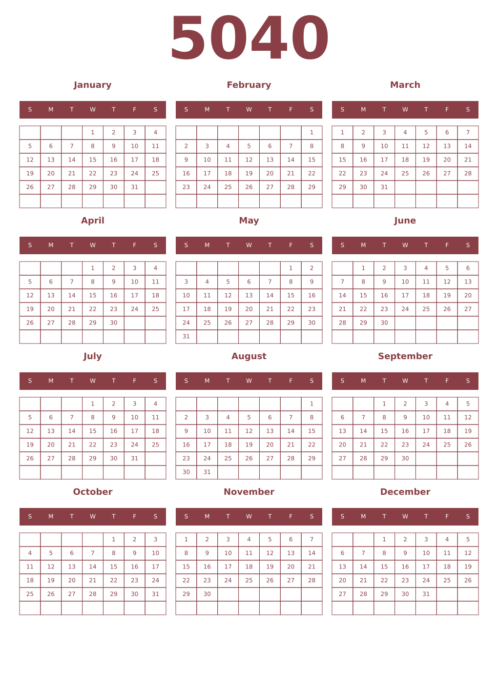 Printable 5040 Year Calendars cordovan