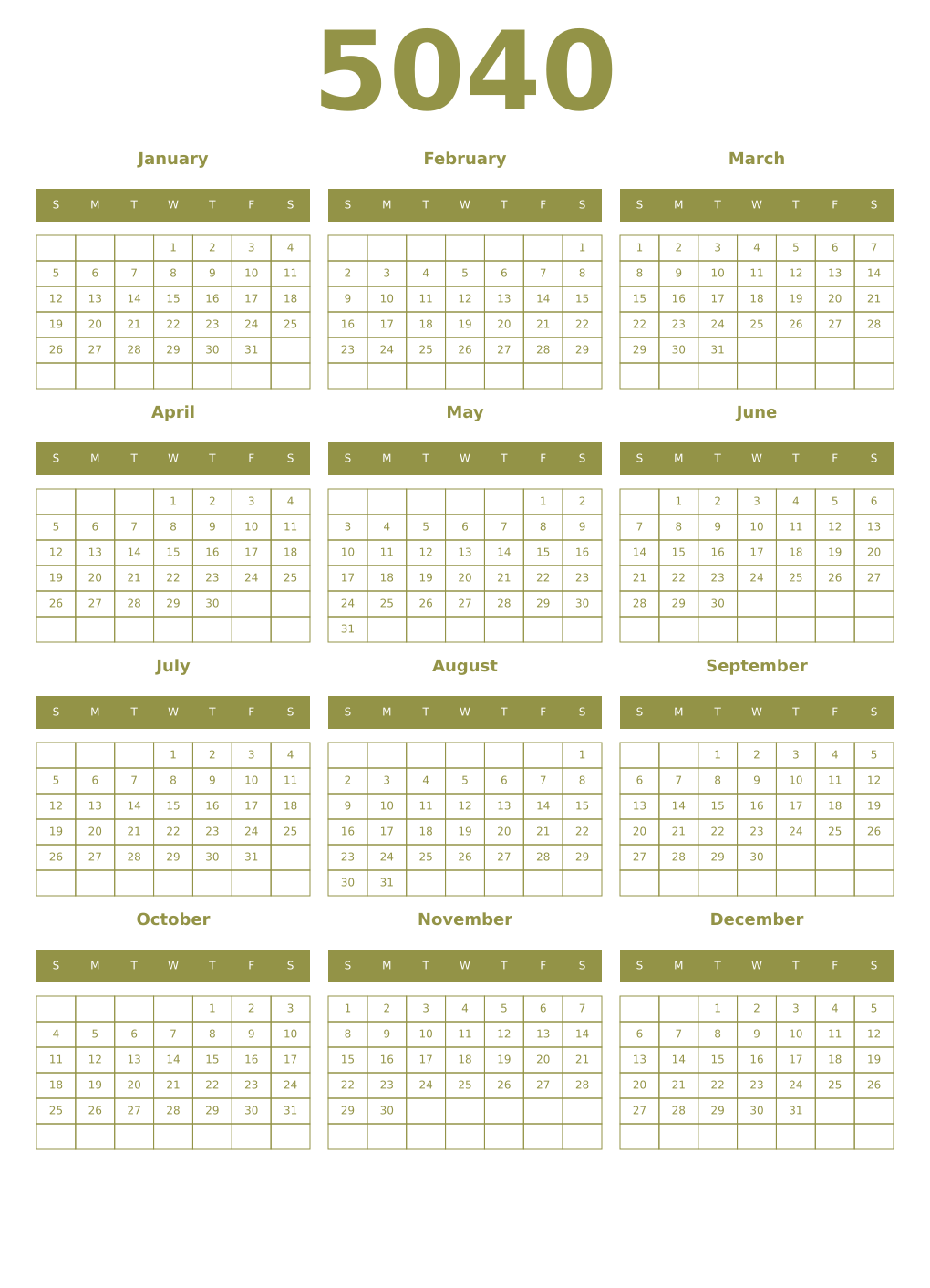Printable 5040 Year Calendars eburnean