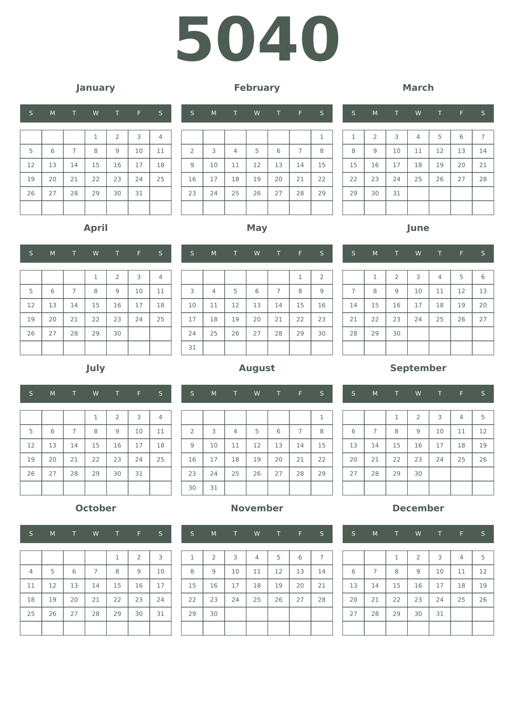 Printable 5040 Year Calendars feldgrau