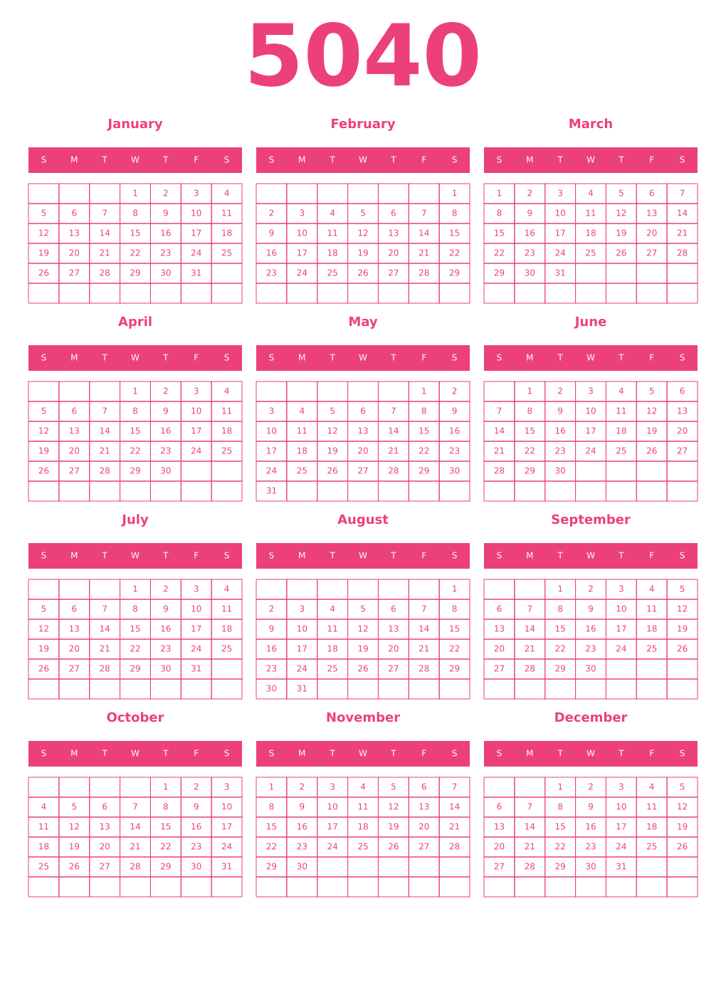 Printable 5040 Year Calendars pink