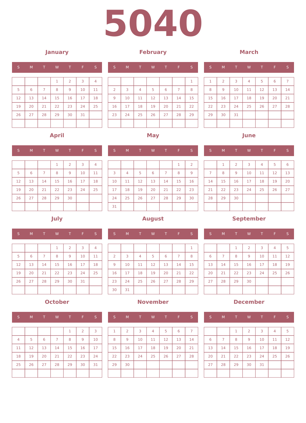 Printable 5040 Year Calendars puce