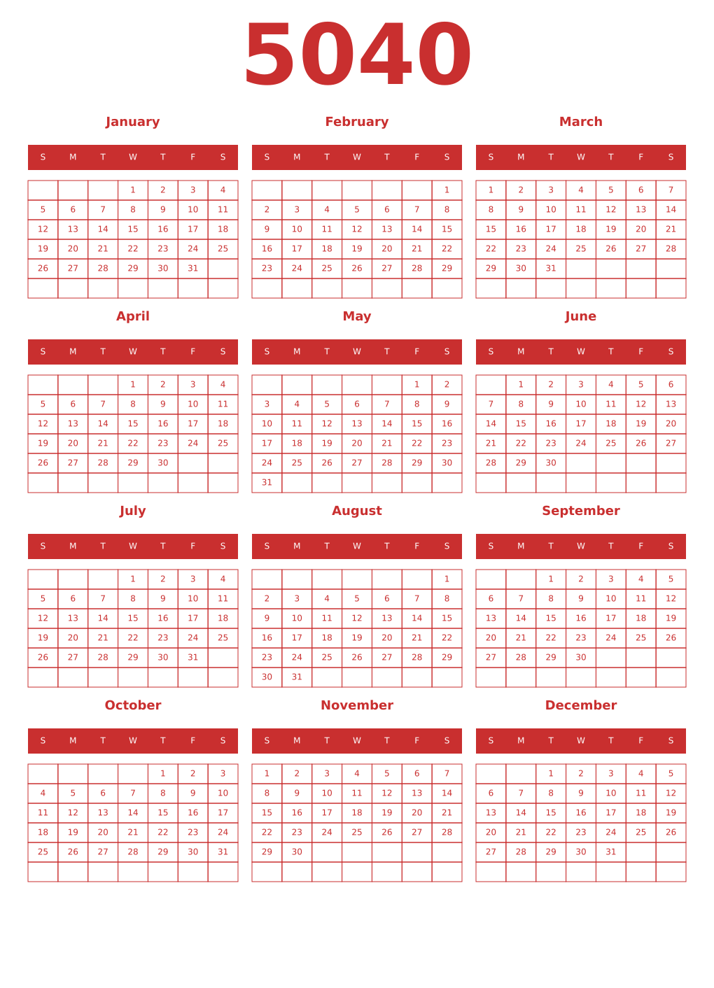 Printable 5040 Year Calendars red