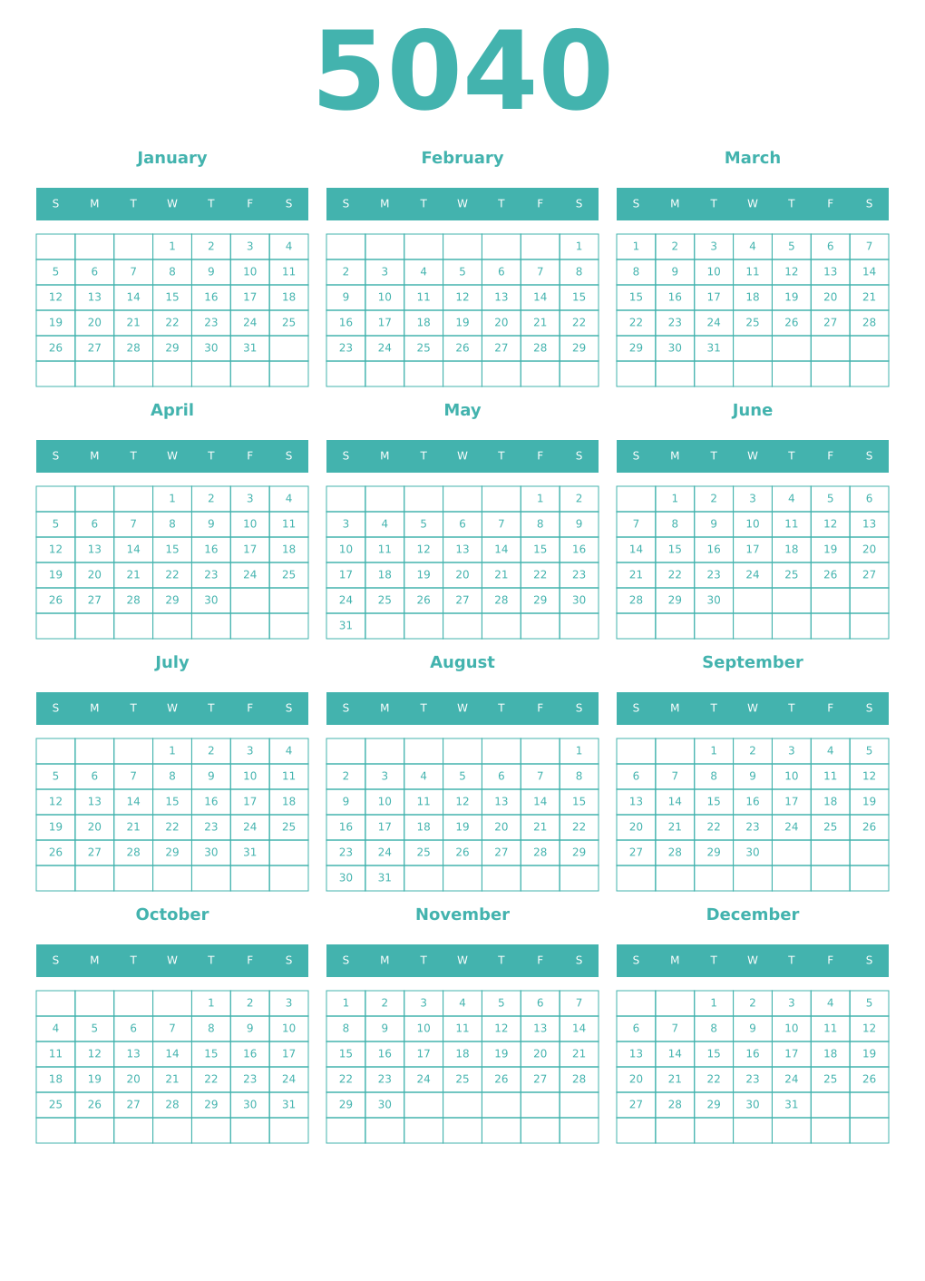 Printable 5040 Year Calendars verdigris
