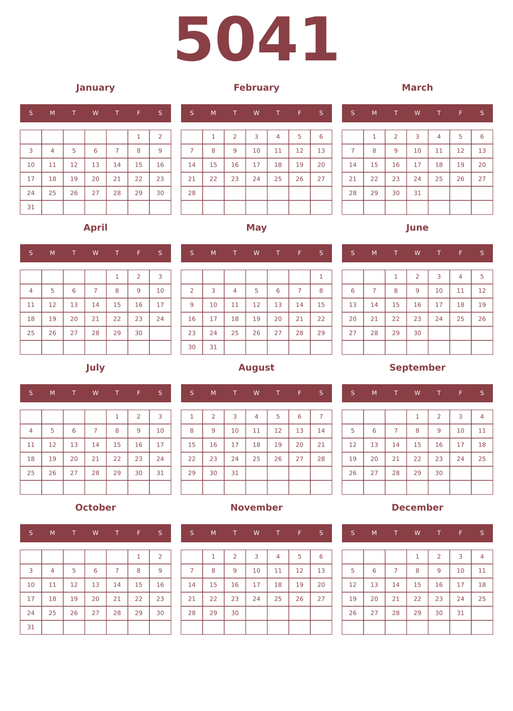 Printable 5041 Year Calendars cordovan