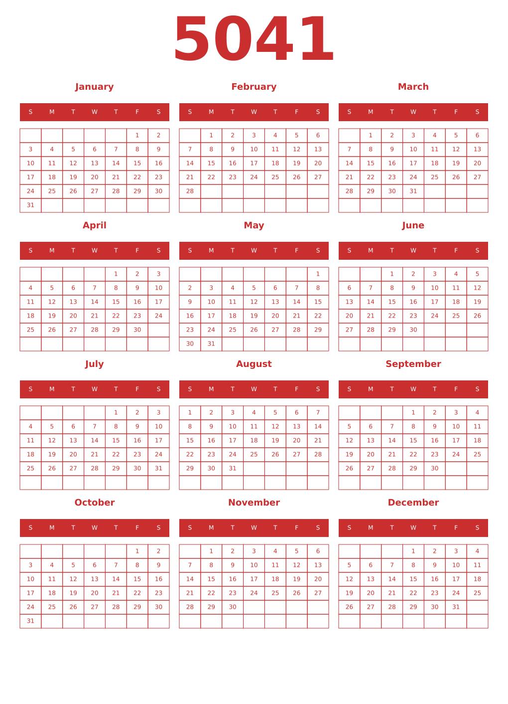 Printable 5041 Year Calendars red