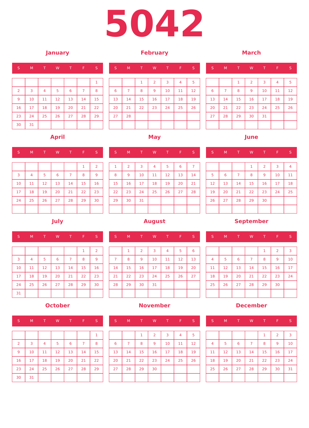 Printable 5042 Year Calendars amaranth