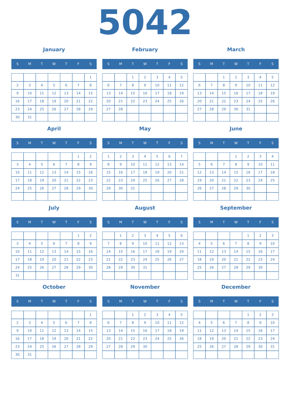 Printable 5042 Year Calendars blue