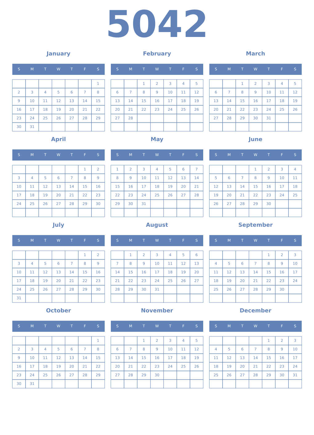 Printable 5042 Year Calendars glaucous