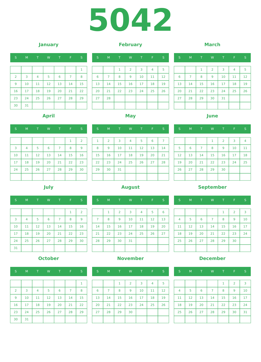Printable 5042 Year Calendars green