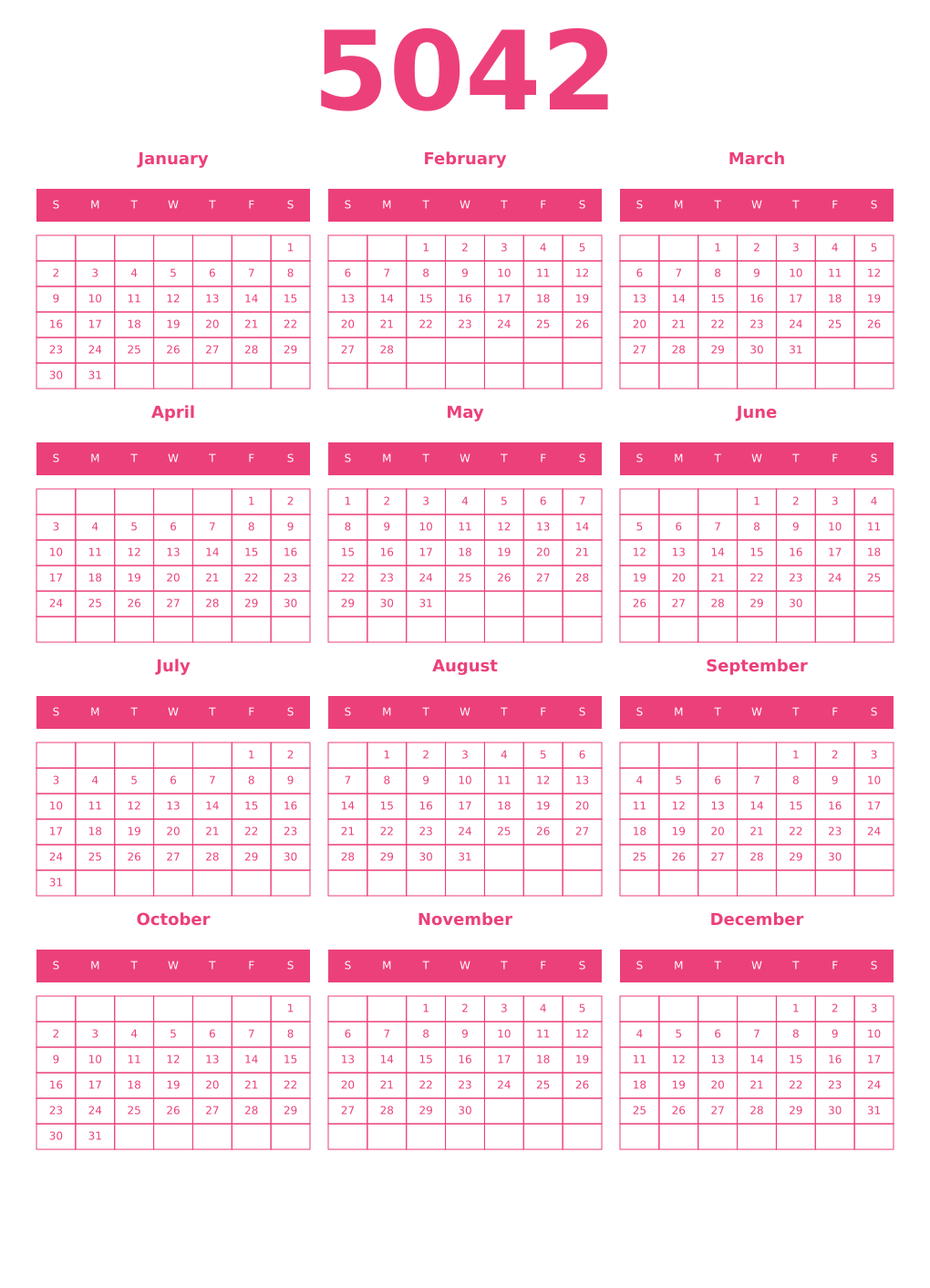 Printable 5042 Year Calendars pink