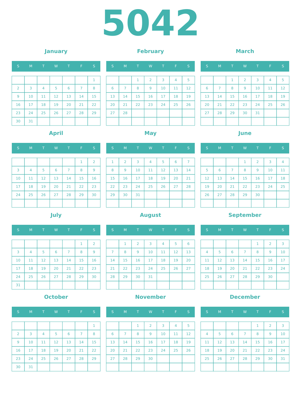 Printable 5042 Year Calendars verdigris