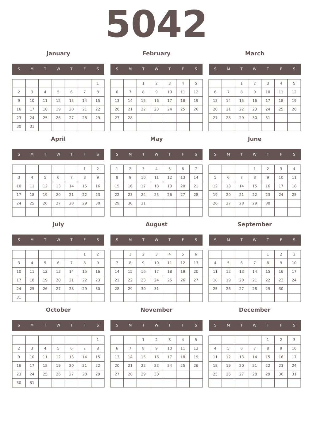 Printable 5042 Year Calendars wenge