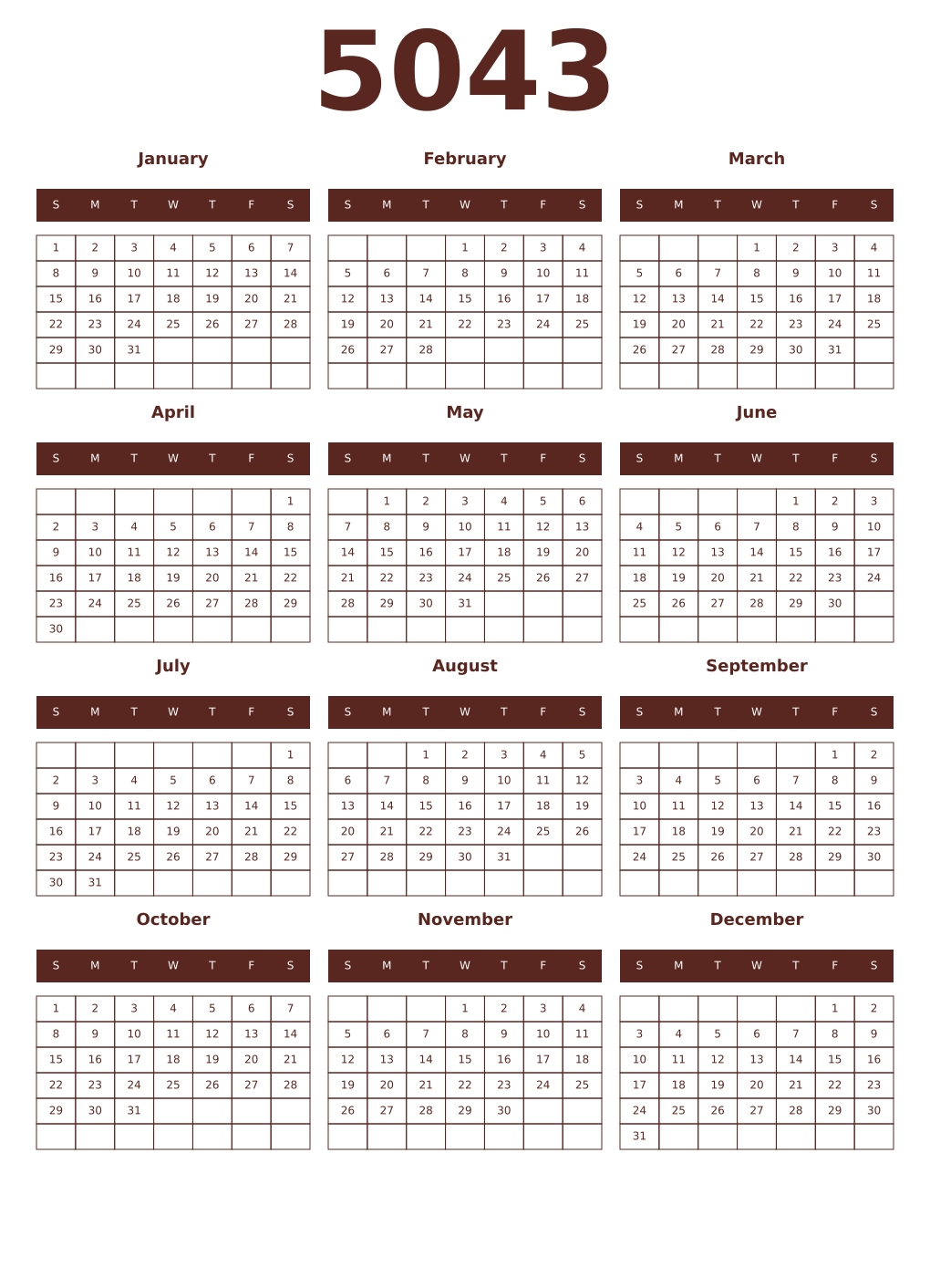 Printable 5043 Year Calendars mortuum