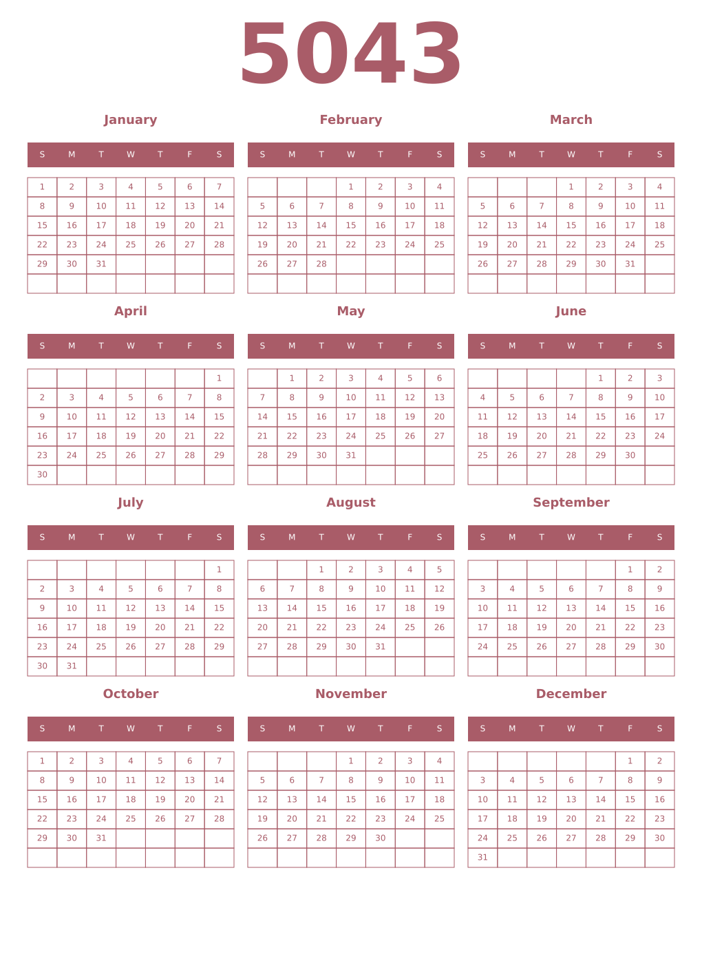 Printable 5043 Year Calendars puce