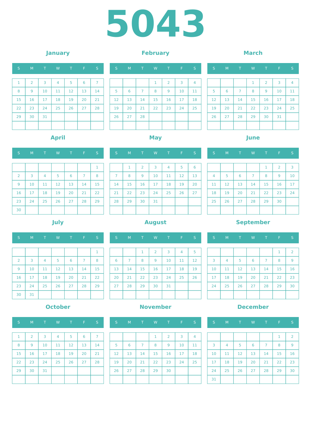 Printable 5043 Year Calendars verdigris