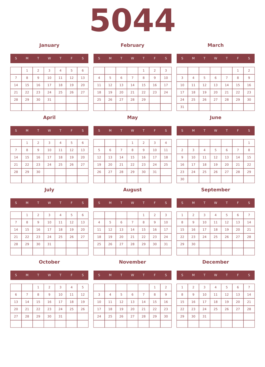 Printable 5044 Year Calendars cordovan
