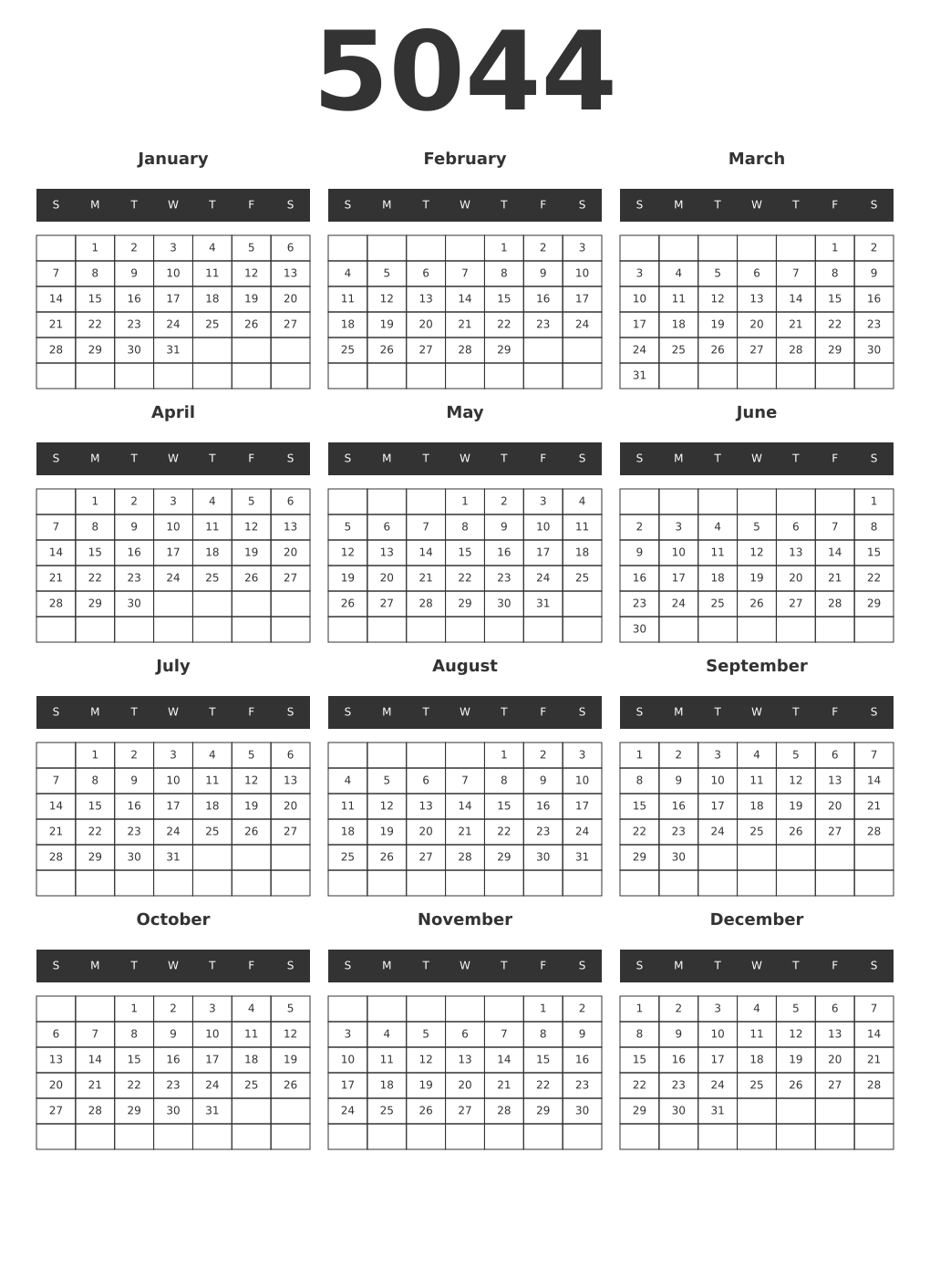 Printable 5044 Year Calendars dark