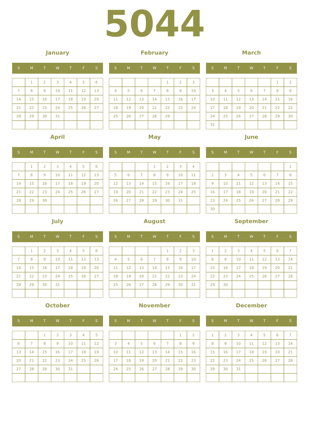 Printable 5044 Year Calendars eburnean