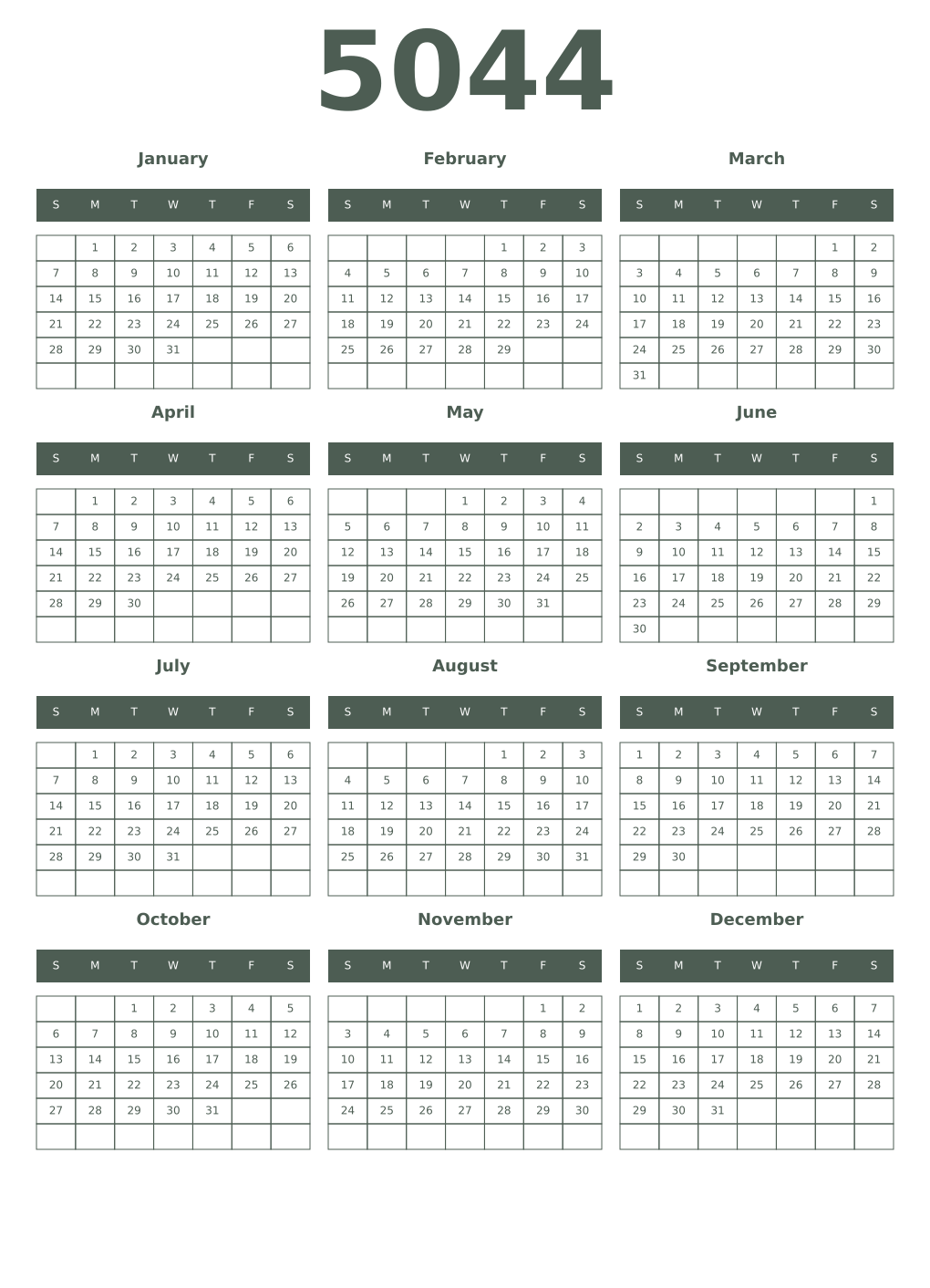 Printable 5044 Year Calendars feldgrau