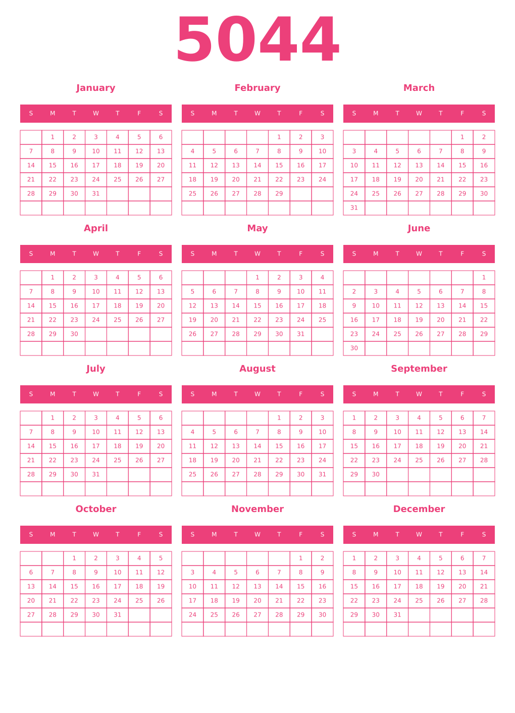 Printable 5044 Year Calendars pink
