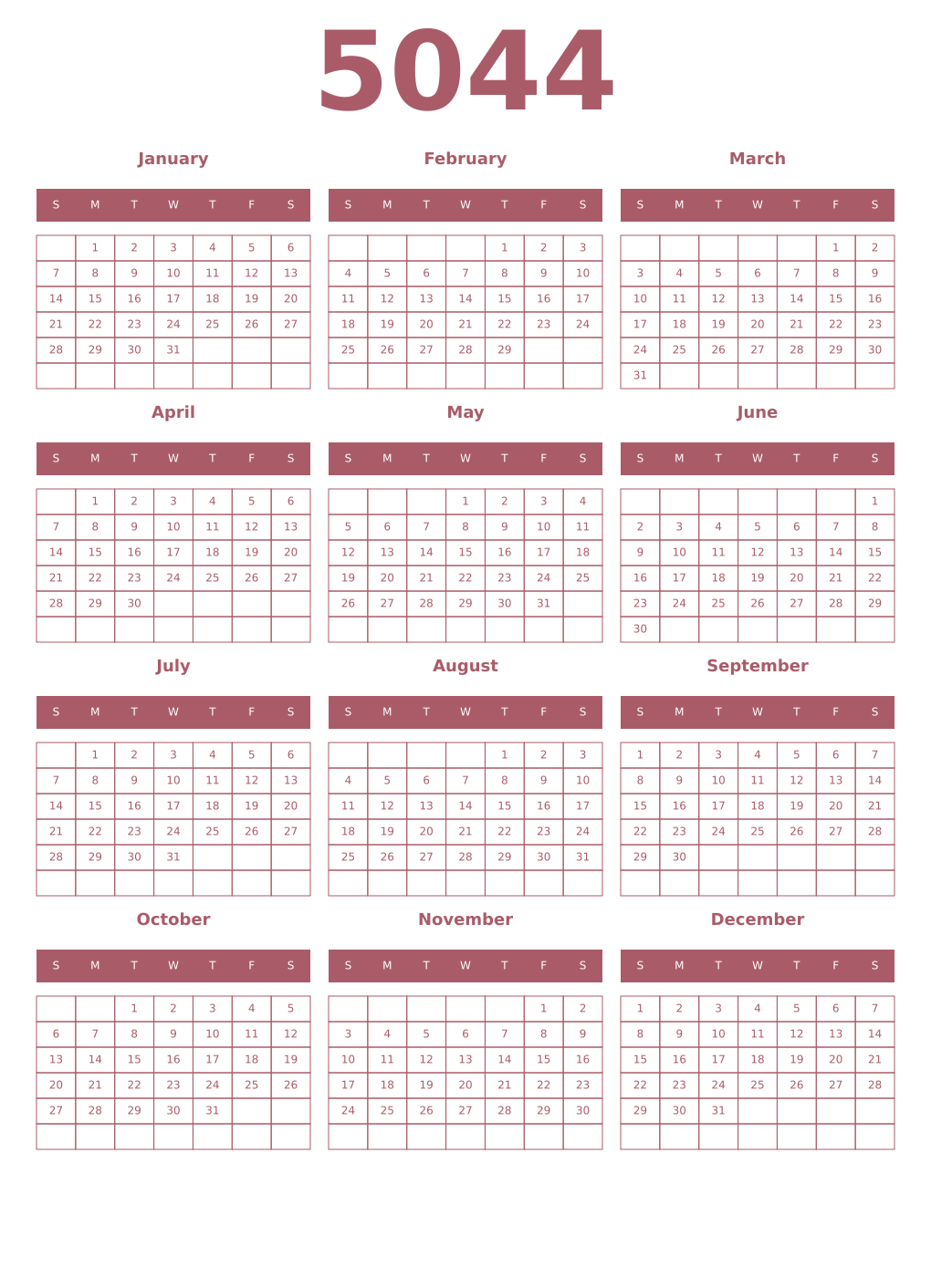 Printable 5044 Year Calendars puce
