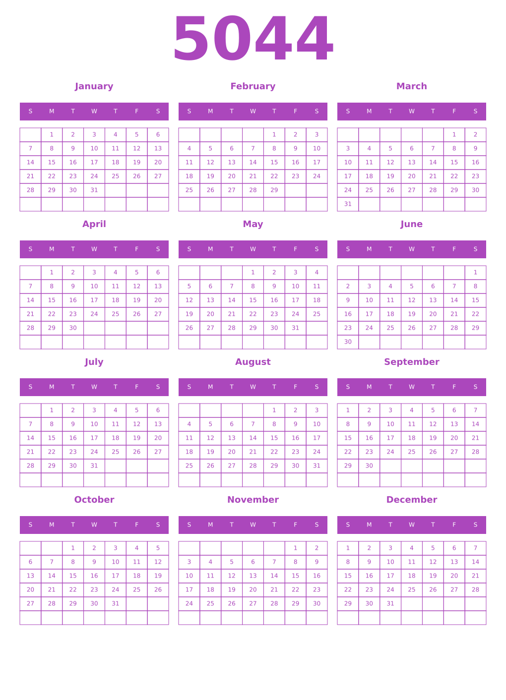 Printable 5044 Year Calendars purple