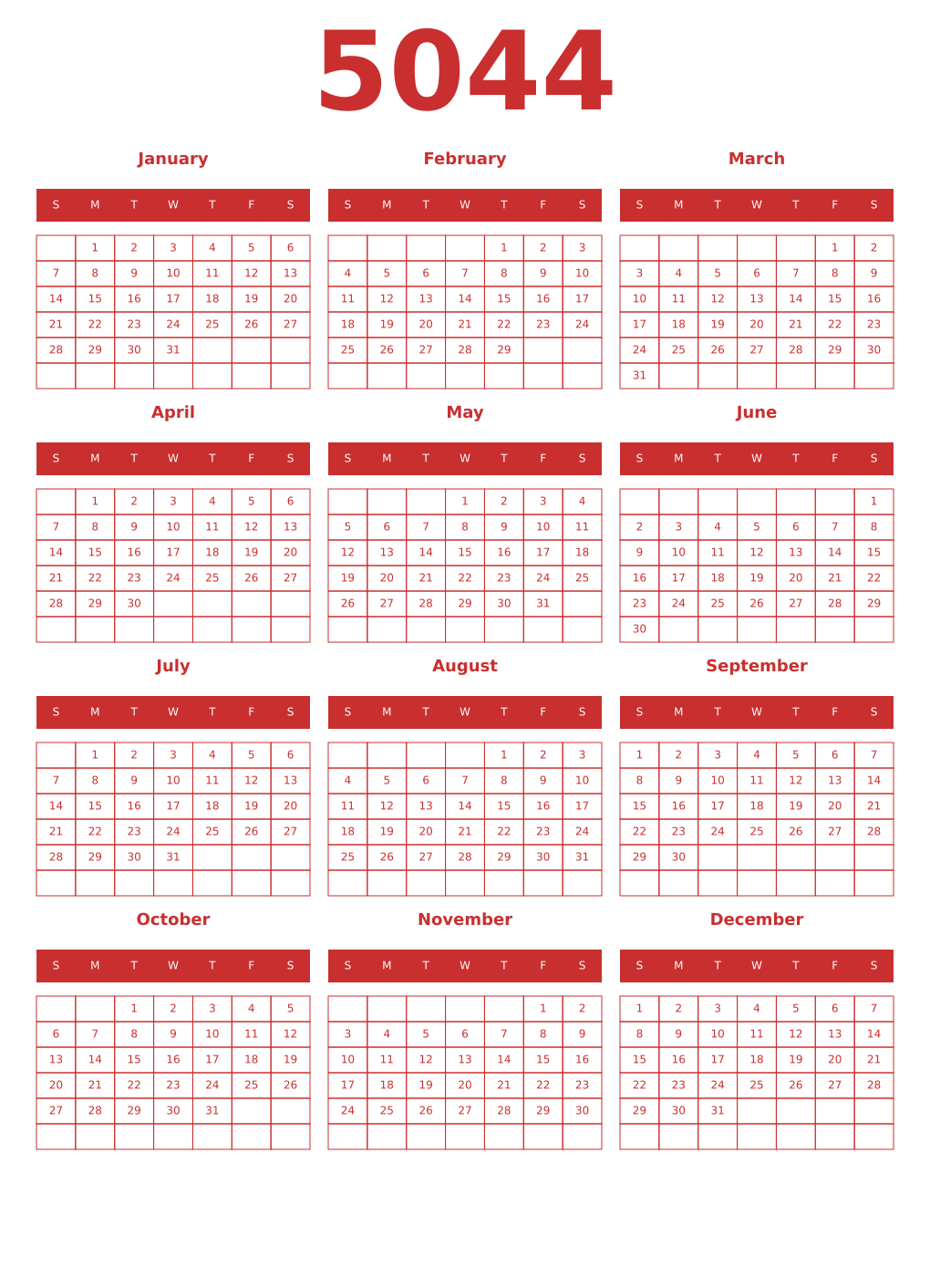 Printable 5044 Year Calendars red