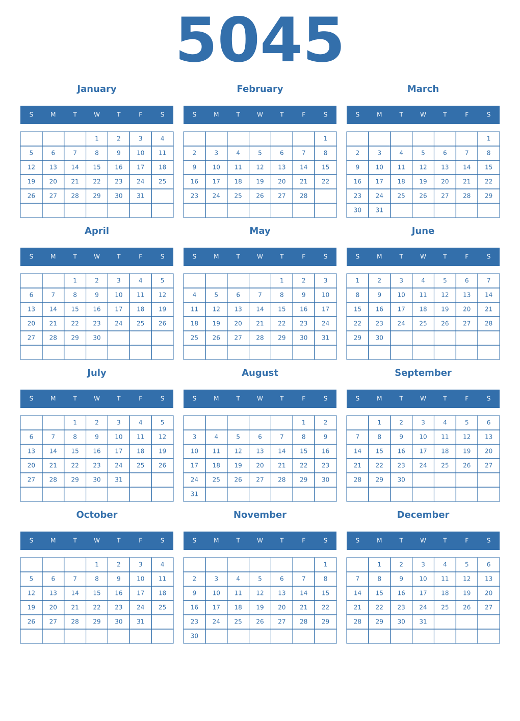 Printable 5045 Year Calendars blue