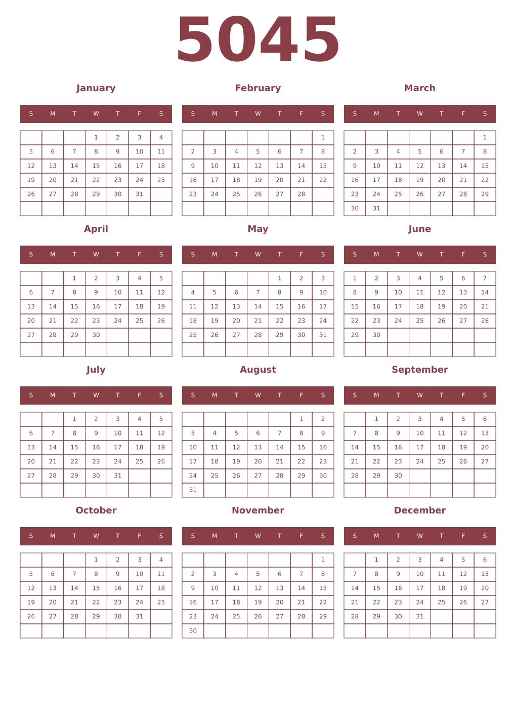 Printable 5045 Year Calendars cordovan