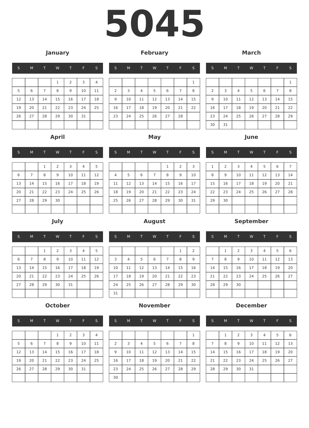 Printable 5045 Year Calendars dark