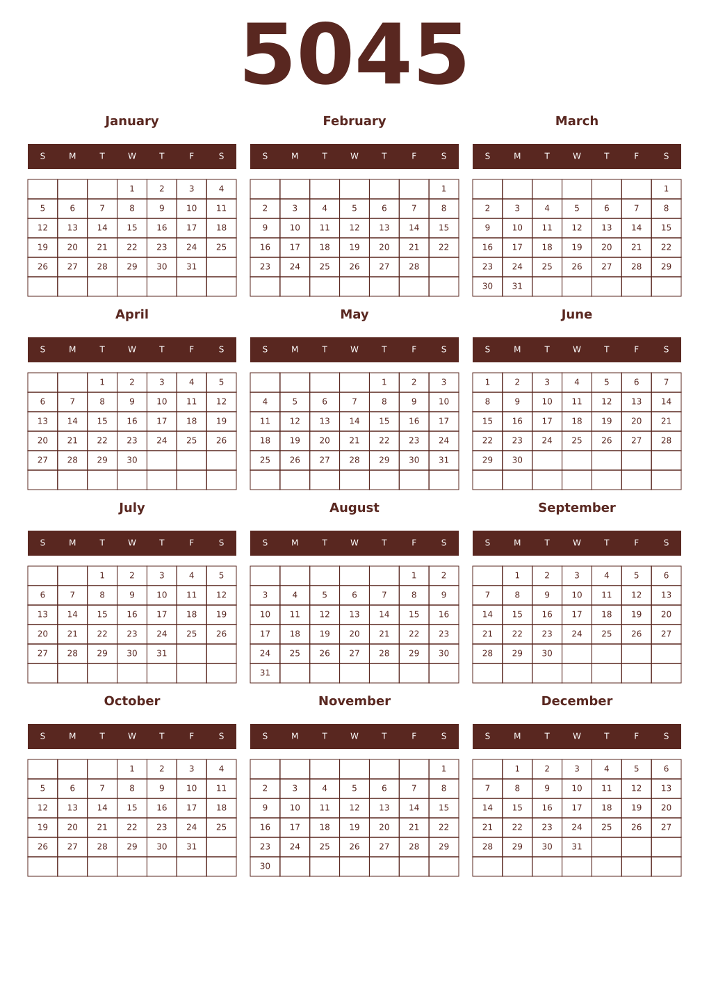 Printable 5045 Year Calendars mortuum