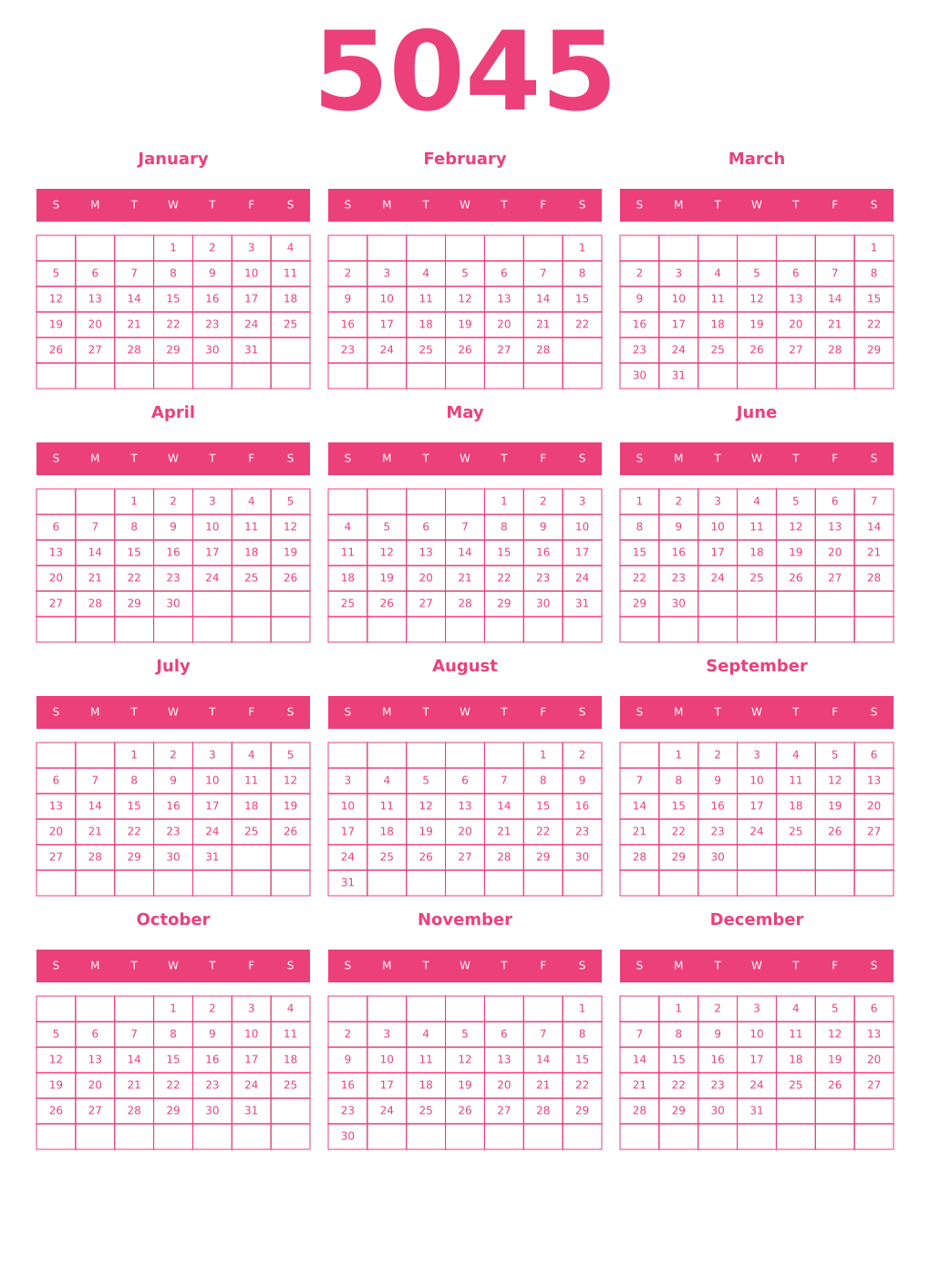 Printable 5045 Year Calendars pink