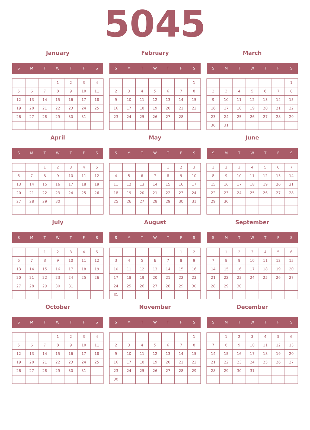 Printable 5045 Year Calendars puce