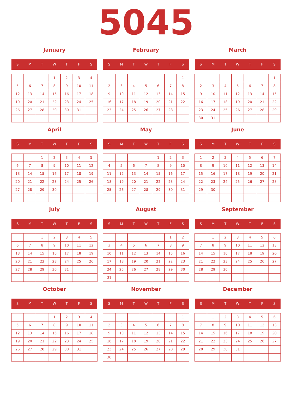 Printable 5045 Year Calendars red