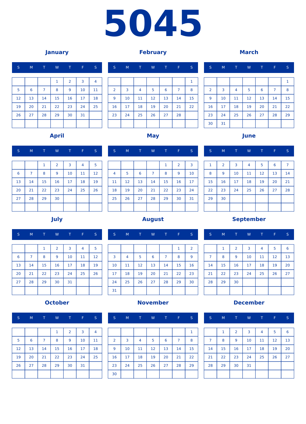 Printable 5045 Year Calendars smalt