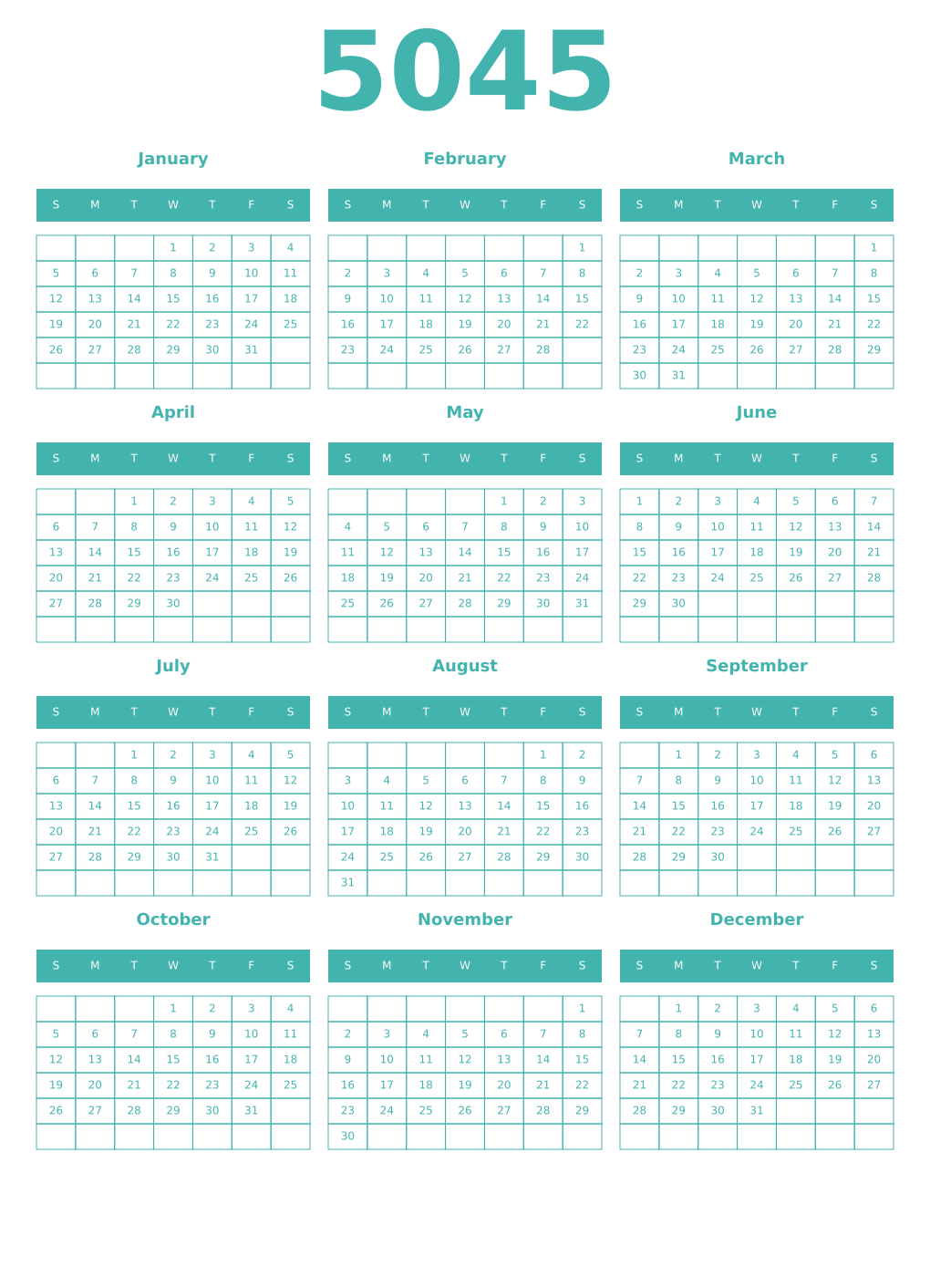 Printable 5045 Year Calendars verdigris