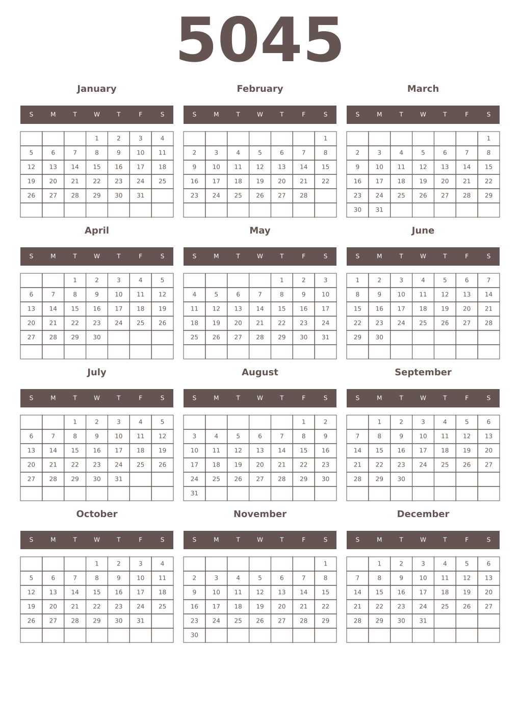 Printable 5045 Year Calendars wenge