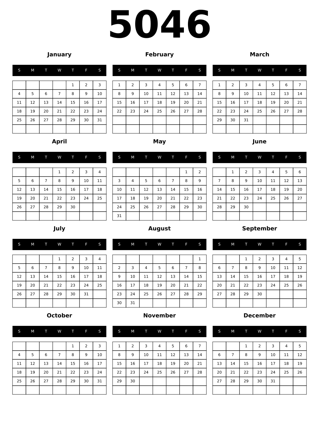 Printable 5046 Year Calendars black
