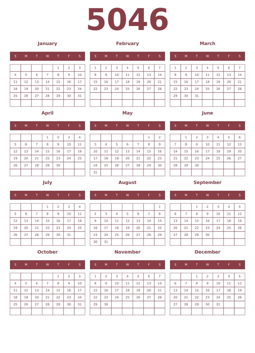 Printable 5046 Year Calendars cordovan