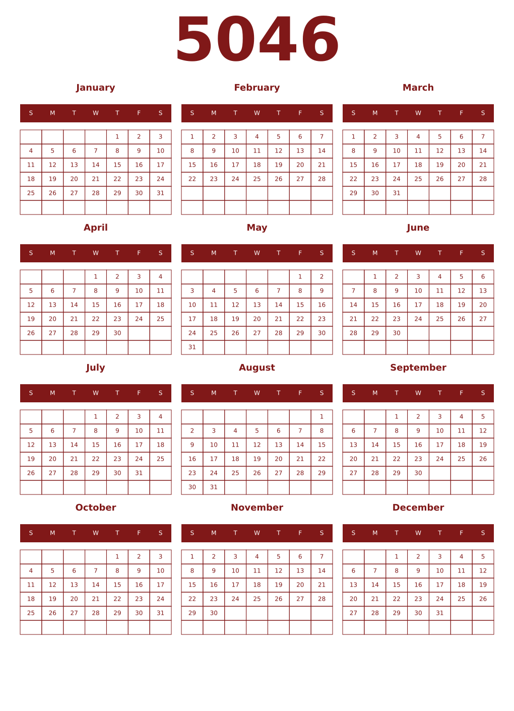 Printable 5046 Year Calendars falu