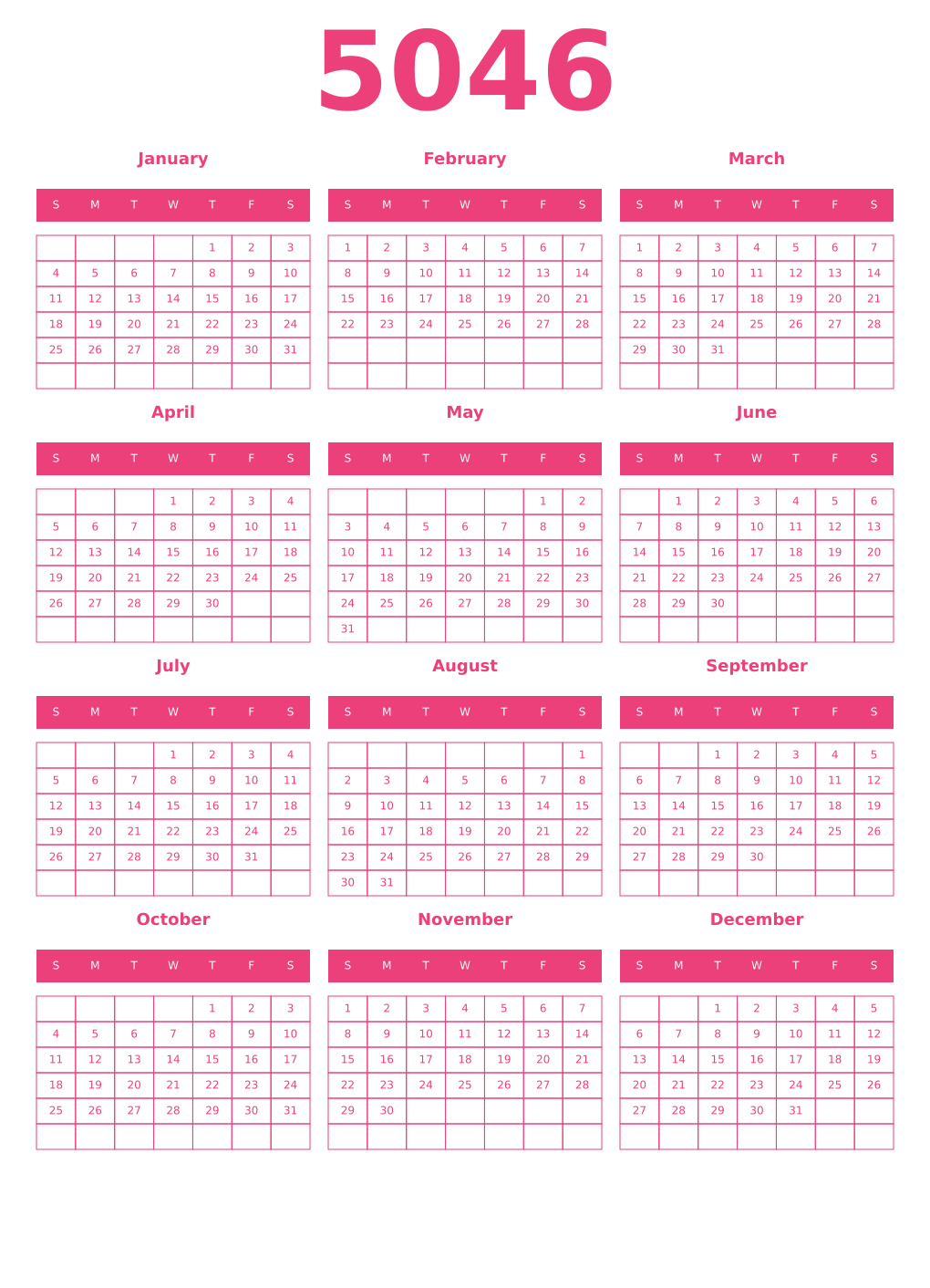 Printable 5046 Year Calendars pink