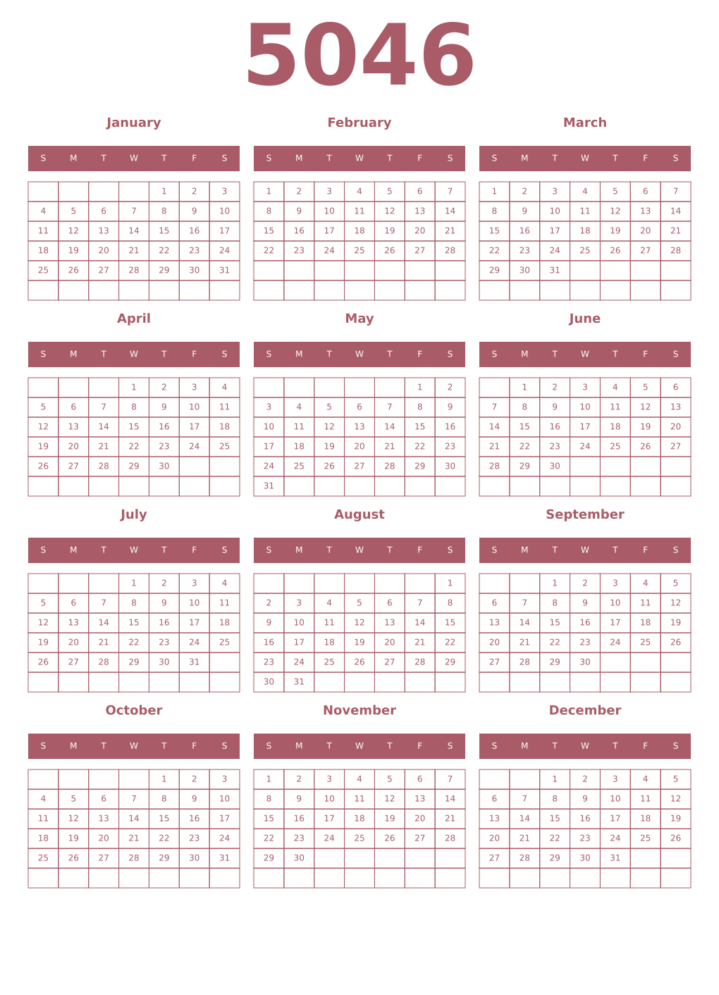 Printable 5046 Year Calendars puce