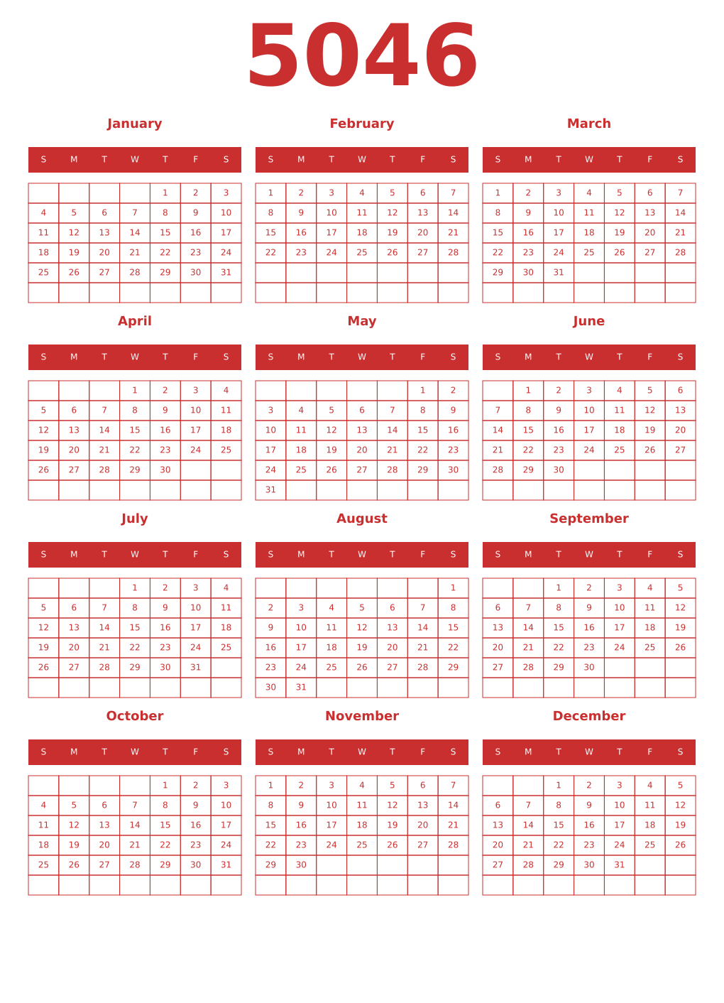 Printable 5046 Year Calendars red