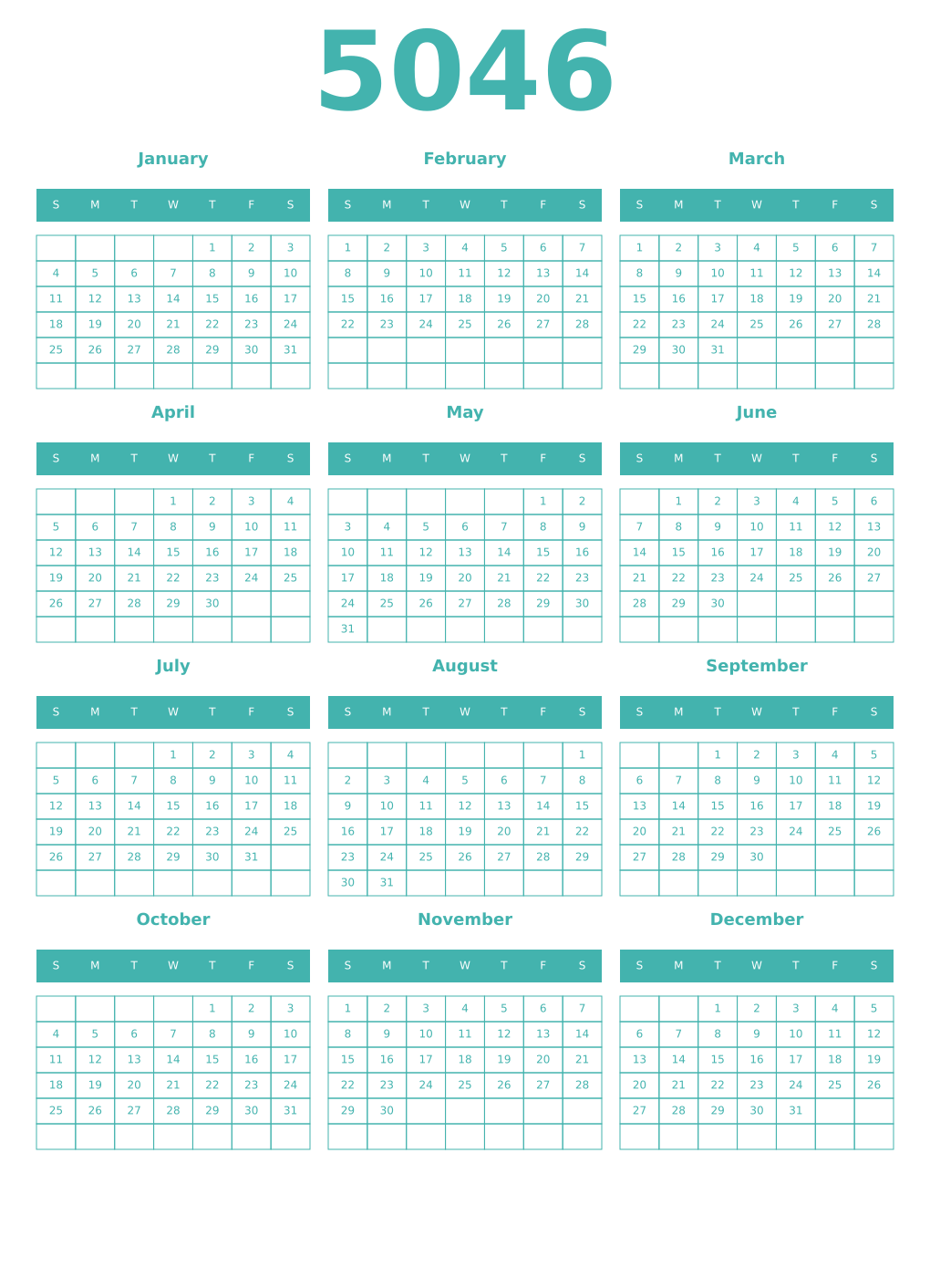 Printable 5046 Year Calendars verdigris